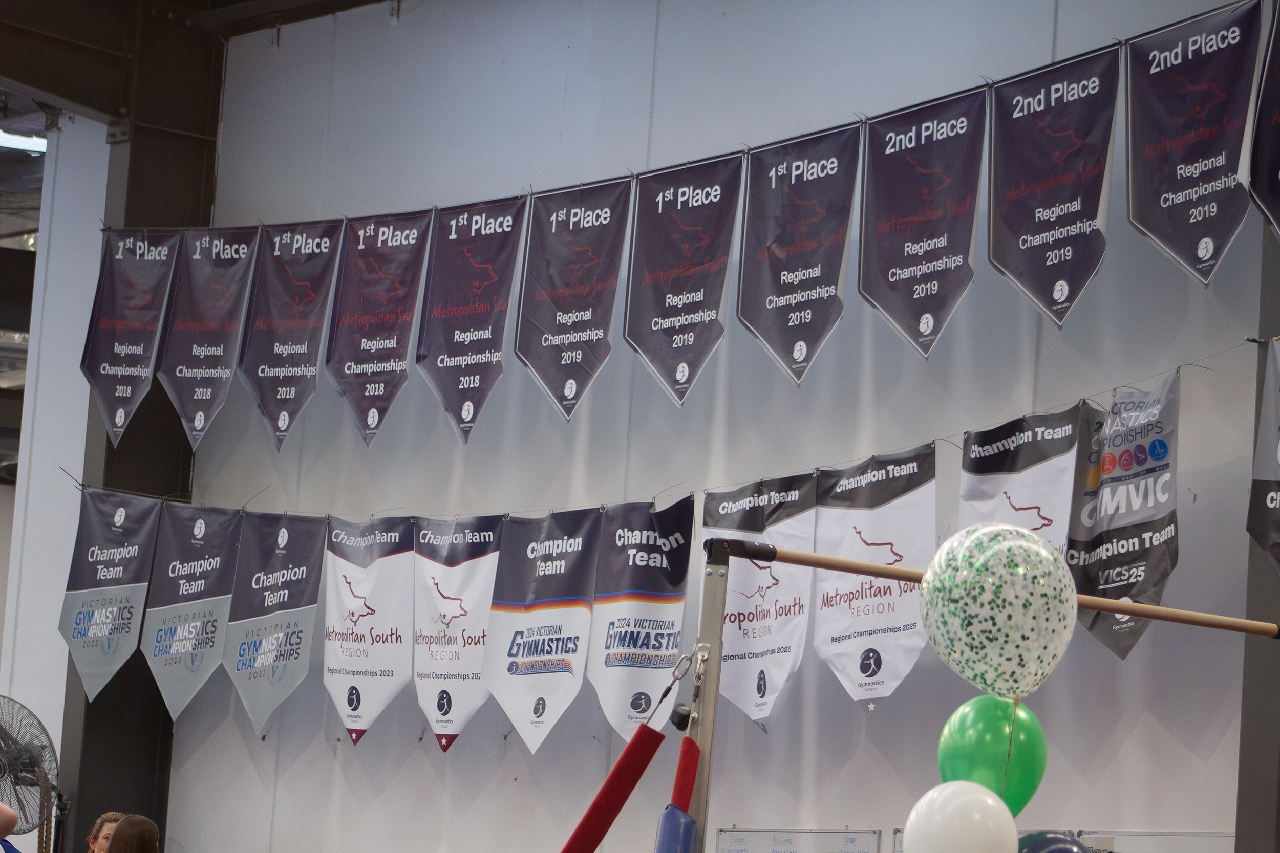 Champion Team and regional championship banners hanging at CYC Gymsports' Braeside facility